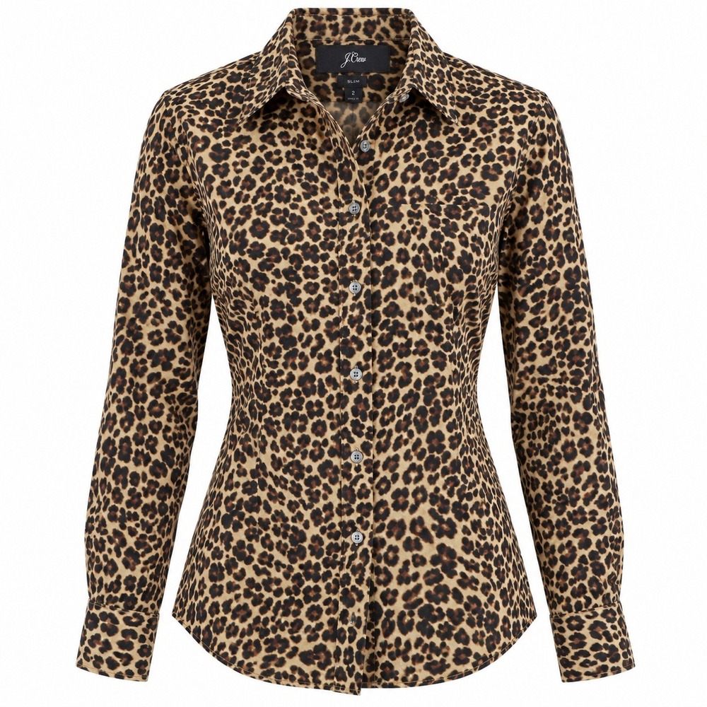 .Crew Leopard Print Slim Fit Button Down Shirt Size 2 Stretch Cotton Maximalist